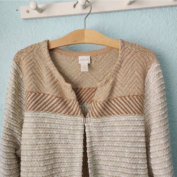 Chico's french hem and cuffs boho tunic style oatmeal open cardigan sweater - Picture 3 of 12